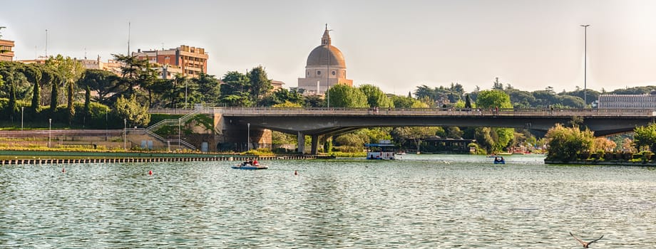 Scenic view over the artificial lake in the EUR district, Rome, Italy