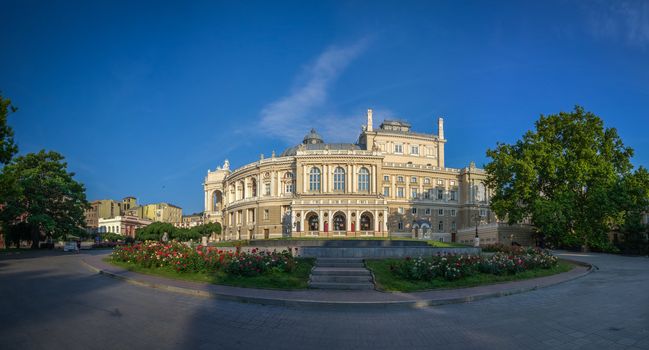 Odessa National Academic Theater of Opera and Ballet in Ukraine. Panoramic view in a summer morning