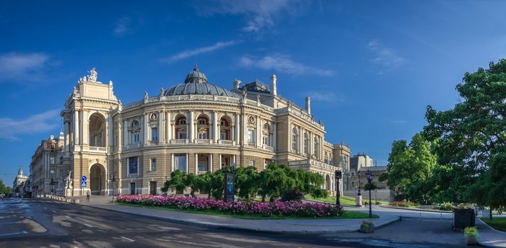 Odessa National Academic Theater of Opera and Ballet in Ukraine. Panoramic view in a summer morning