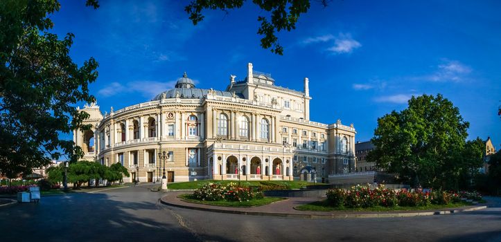 Odessa National Academic Theater of Opera and Ballet in Ukraine. Panoramic view in a summer morning