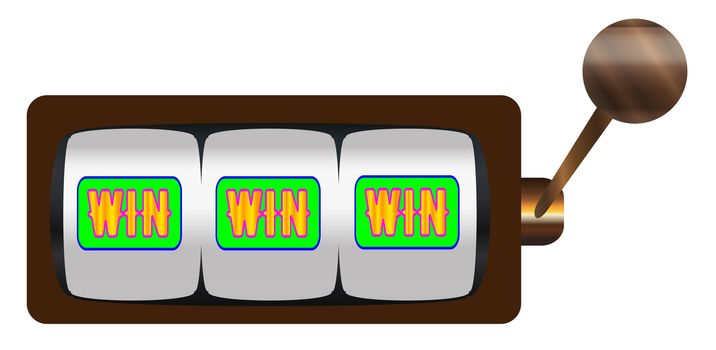 A typical cartoon style three wins on a spin of a one armed bandit or fruit machine over a white background