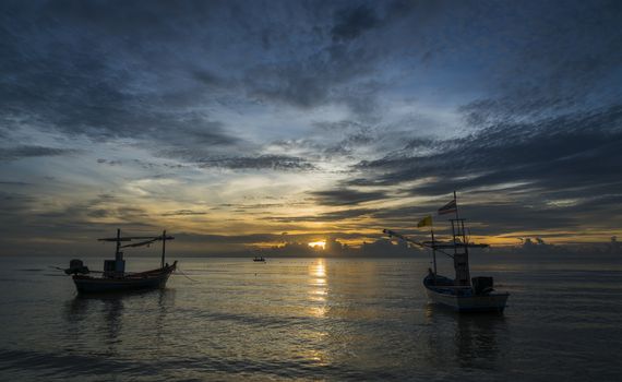 Beautiful scenic in Hua Hin, Bangkok with fishing boats in dawn.