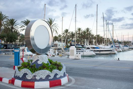Sign of Benalmadena in sailing yachts marina in Malaga