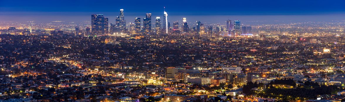 Los Angeles Downtown sunset aerial view, California, USA panorama