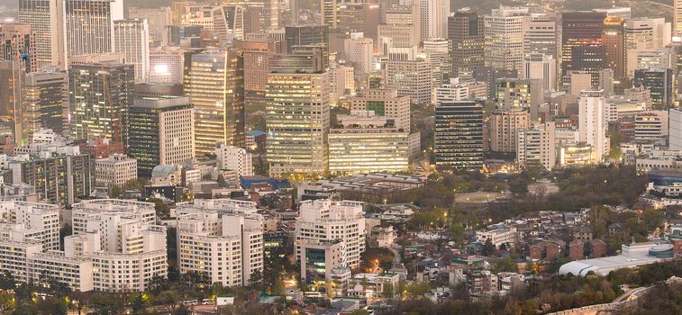 Aerial Sunset and Night view of Seoul Downtown cityscape in South Korea panorama