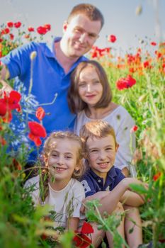 Family of four among poppy field