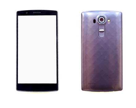 Front and back view of modern smartphone isolated on white background.