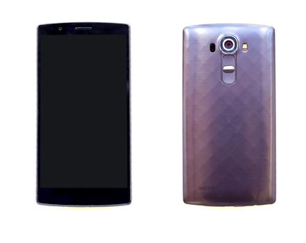 Front and back view of modern smartphone isolated on white background.
