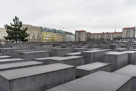 The Memorial to the Murdered Jews of Europe. Memorial to the Jewish victims of the Holocaust, built of concrete slabs, In Berlin Germany