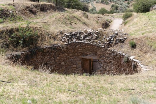 The archaeological site of Mycenae in the Peloponnese with the Lion Gate and Treasury Tombs