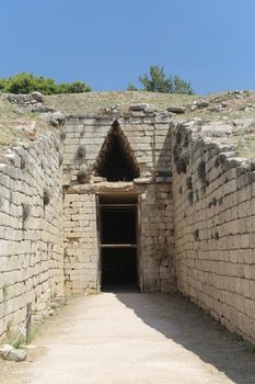 The archaeological site of Mycenae in the Peloponnese with the Lion Gate and Treasury Tombs