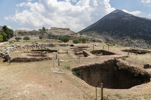 The archaeological site of Mycenae in the Peloponnese with the Lion Gate and Treasury Tombs