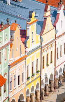 Aerial view of colorful gables and rooftops of renaissance houses in Telc, Czech Republic. UNESCO World Heritage Site.
