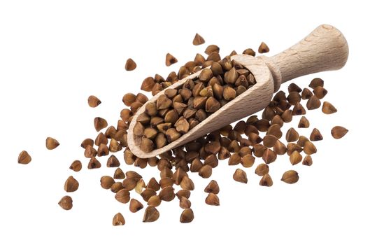Buckwheat in wooden scoop isolated on white background with clipping path