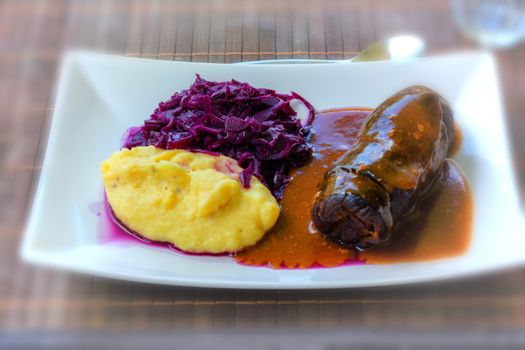 Beef roulade with red cabbage and mashed potatoes