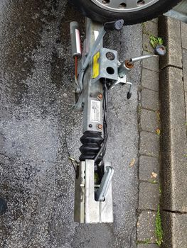 Towbar and jockey wheel with power connection and trailer lock in case of rain.