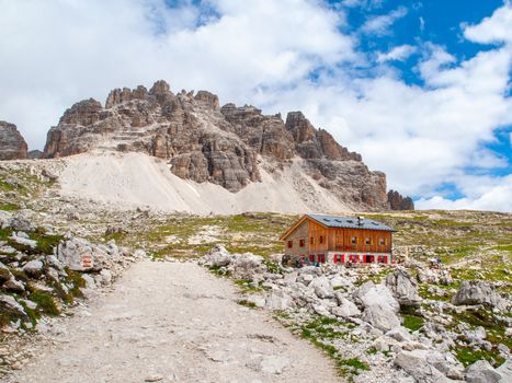 Lavaredo mountain hut, aka Rifugio Lavaredo, at Tre Cime massive, Dolomites, Italy