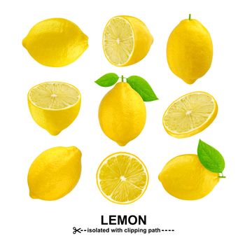 Lemons collection. Lemon fruits isolated on white background with clipping path.