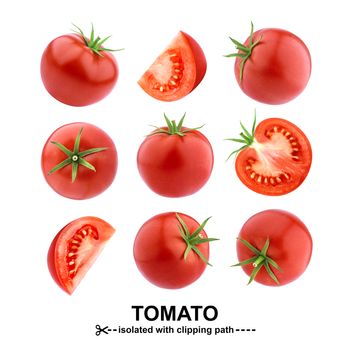 Tomatoes isolated on white background with clipping path. Collection. Tomato pattern