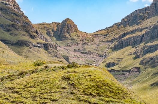The hairpin bends in the Sani Pass. Sani Top Mountain Lodge is visible at the top