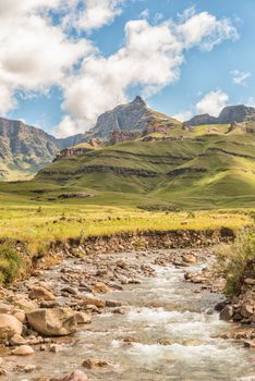 Garden Castle in the Drakensberg near Underberg. Rhino Peak (3056m) is visible in the back and the Mlambonja River in front.