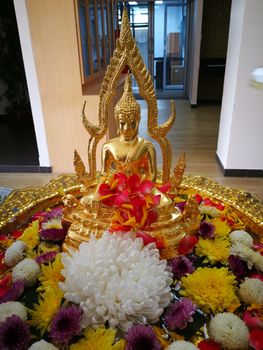 procedure of Buddhist praying from Buddha statue at Thailand happy new year festival in summer