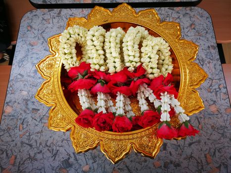 procedure of Buddhist praying from Buddha statue at Thailand happy new year festival in summer