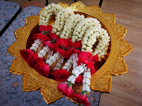 procedure of Buddhist praying from Buddha statue at Thailand happy new year festival in summer