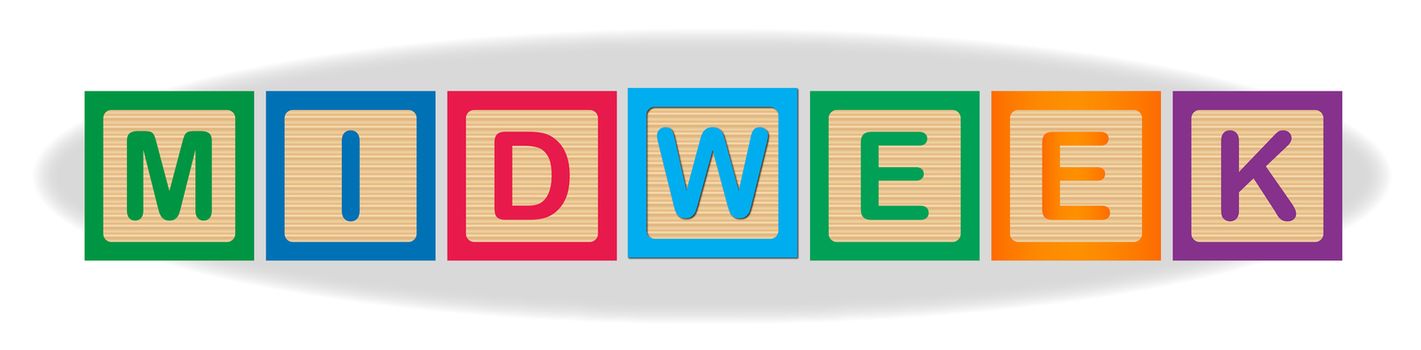 The word Midweek spelled out in kiddies wooden block letters