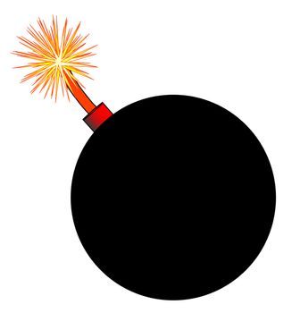 An old fashioned round black bomb with a lit fuse over a white background
