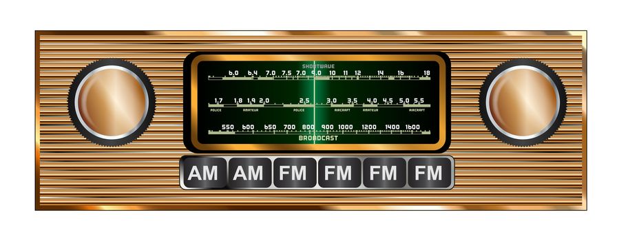 The screen and knobs and buttone of a typical old fashioned and retro car radio om copper over a white background