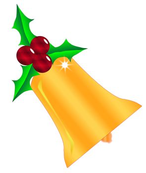 A christmas holly sprig with red berries and a golden bell isolated on a white background