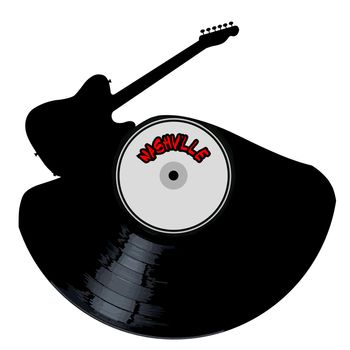 A vinyl LP record with an electric guitar cutout shape with the legend NASHVILLE all isolated on a white background
