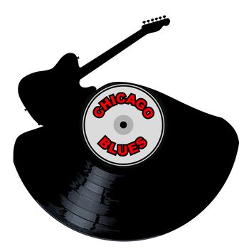 A vinyl LP record with an electric guitar cutout shape with the legend Chicaga Blues all isolated on a white background