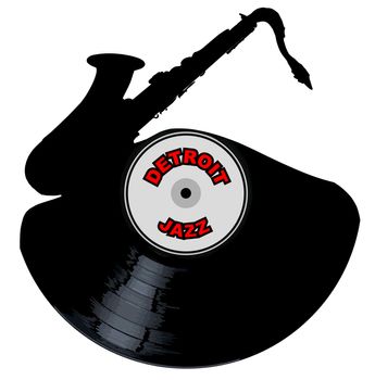 A vinyl LP record with a jazz saxophone cutout shape with the legend Detroit Jazz all isolated on a white background