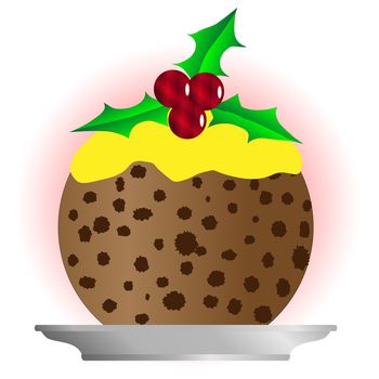 A cartoon style comic Christmas Pudding with custard and a sprig of holly on a dish over a white background