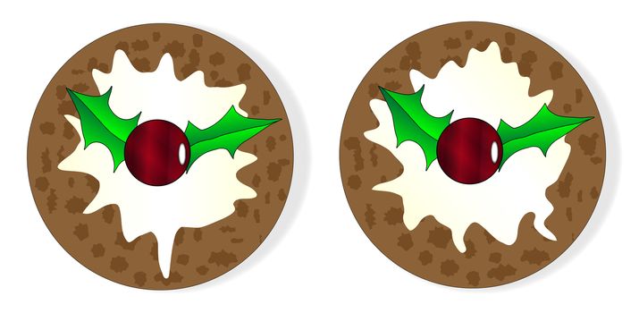 Two Christmas plum puddings with cream and isolated on a white background