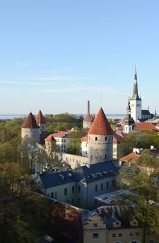 Medieval towers in the city wall around Tallinn, capital city of Estonia, on a sunny day