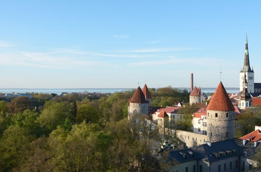 Medieval wall and towers around the Old Town of Tallinn, Estonia, meet wooded parkland. Tallinn Bay lies beyond.