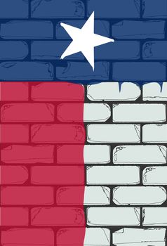 A white brick wall with the flag of Texas painted in red white and blue with paint drip marks