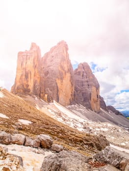 Tre Cime di Lavaredo, aka Drei Zinnen, rock formation in Dolomites, Italy.