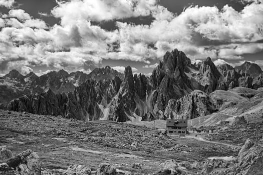 Dolomites mountains landscape in black and wihite