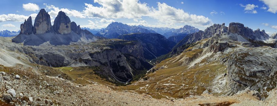 Dolomites mountains landscape with Tre Cime on a sunny autumn day