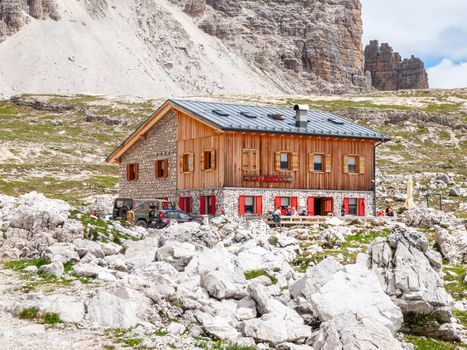 Lavaredo mountain hut, aka Rifugio Lavaredo, at Tre Cime massive, Dolomites, Italy