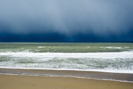 winter rain storm approaching ballybunion beach