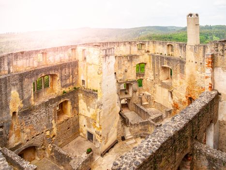 Landstejn Castle Ruins. View of ruined walls from castle tower.