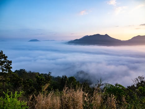 Beautiful landscape of sea of fog on Phu Thok Mountain at Chiang Khan ,Loei Province in Thailand. Sunrise in the morning.