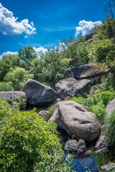 Granite Arbuzinka Rocks in the canyon near the Aktovo village, on the Mertvovod river in Ukraine. One of natural wonders of Europe.