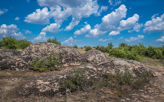 Granite Arbuzinka Rocks in the canyon near the Aktovo village, on the Mertvovod river in Ukraine. One of natural wonders of Europe.