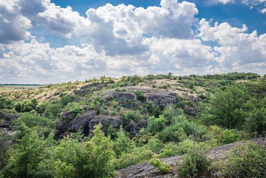 Granite Arbuzinka Rocks in the canyon near the Aktovo village, on the Mertvovod river in Ukraine. One of natural wonders of Europe.